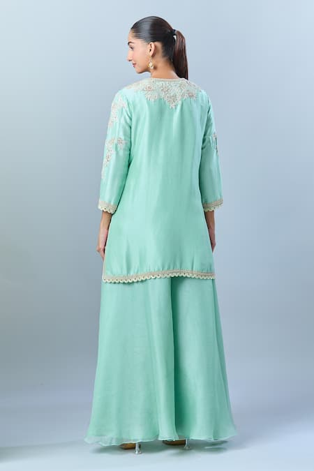 Shop Prisho Green Cotton, Silk Embroidery V-neck Floral Kurta Sharara Set at Aza Fashions Shop_Prisho_Green Cotton, Silk Embroidery V-neck Floral Kurta Sharara Set _at_Aza_Fashions