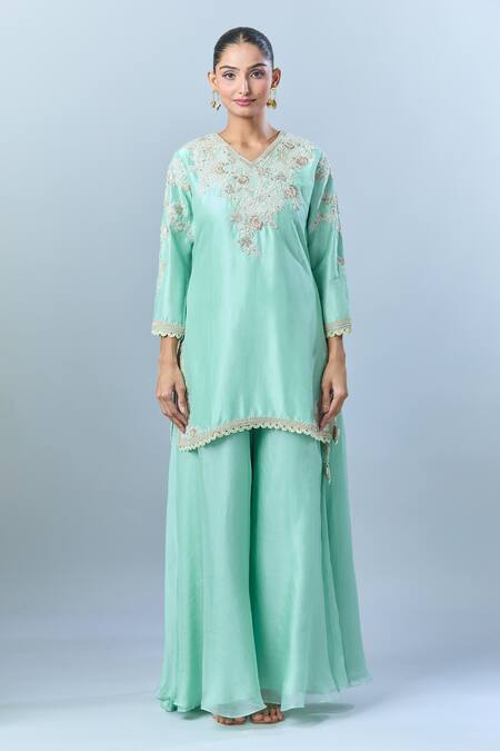 Prisho Green Cotton, Silk Embroidery V-neck Floral Kurta Sharara Set Online at Aza Fashions Prisho_Green Cotton, Silk Embroidery V-neck Floral Kurta Sharara Set _Online_at_Aza_Fashions