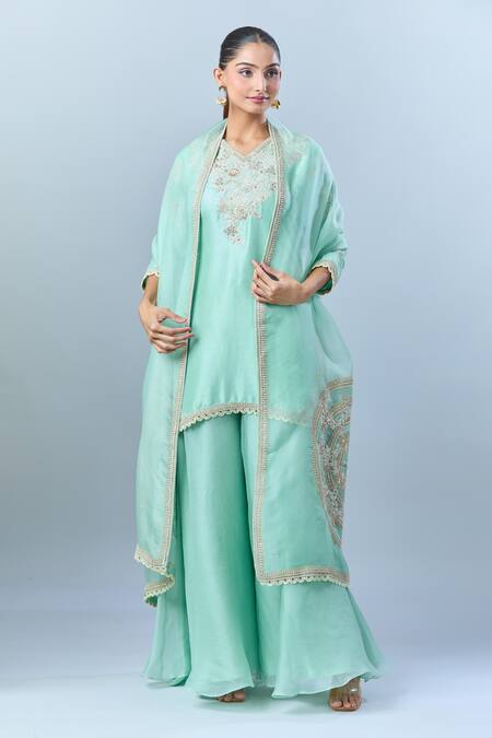 Buy Prisho Green Cotton, Silk Embroidery V-neck Floral Kurta Sharara Set Online at Aza Fashions Buy_Prisho_Green Cotton, Silk Embroidery V-neck Floral Kurta Sharara Set _Online_at_Aza_Fashions