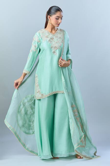 Shop Prisho Green Cotton, Silk Embroidery V-neck Floral Kurta Sharara Set Online at Aza Fashions Shop_Prisho_Green Cotton, Silk Embroidery V-neck Floral Kurta Sharara Set _Online_at_Aza_Fashions