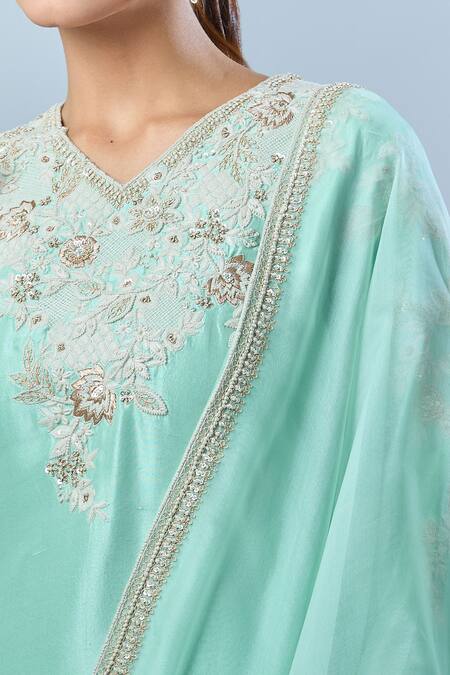 Prisho Green Cotton, Silk Embroidery V-neck Floral Kurta Sharara Set at Aza Fashions Prisho_Green Cotton, Silk Embroidery V-neck Floral Kurta Sharara Set _at_Aza_Fashions