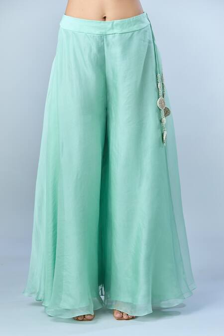 Buy Prisho Green Cotton, Silk Embroidery V-neck Floral Kurta Sharara Set Buy_Prisho_Green Cotton, Silk Embroidery V-neck Floral Kurta Sharara Set