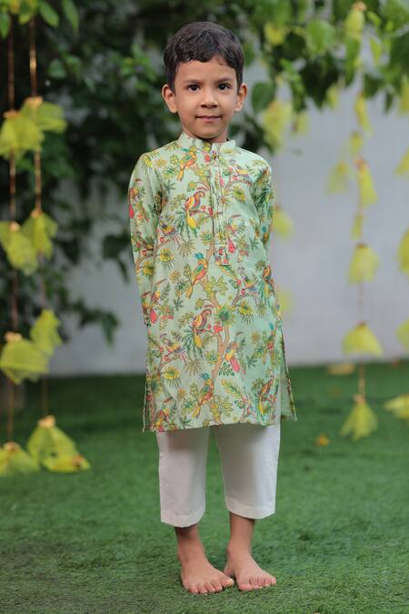 Shop_Shruti Jalan_Green Chanderi, Cotton Forest Print Kurta Set _Online_at_Aza_Fashions