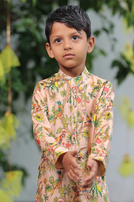 Shruti Jalan_Peach Chanderi, Cotton Forest Print Kurta Set _Online_at_Aza_Fashions