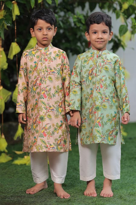 Buy_Shruti Jalan_Peach Chanderi, Cotton Forest Print Kurta Set 