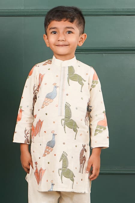Shop_Shruti Jalan_Cream Chanderi, Cotton, Silk Embroidery Bird Motif Kurta Set _Online_at_Aza_Fashions