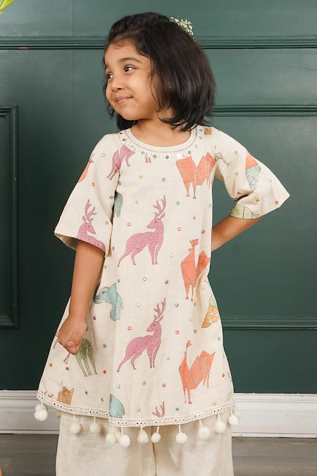 Shruti Jalan_Cream Linen, Cotton Mirrors, Animal Motif Embroidered Tunic And Palazzo Set _Online_at_Aza_Fashions