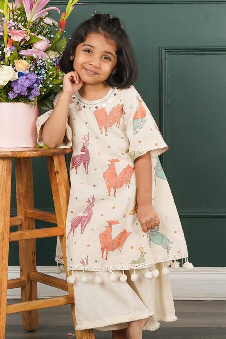 Buy_Shruti Jalan_Cream Linen, Cotton Mirrors, Animal Motif Embroidered Tunic And Palazzo Set _Online_at_Aza_Fashions