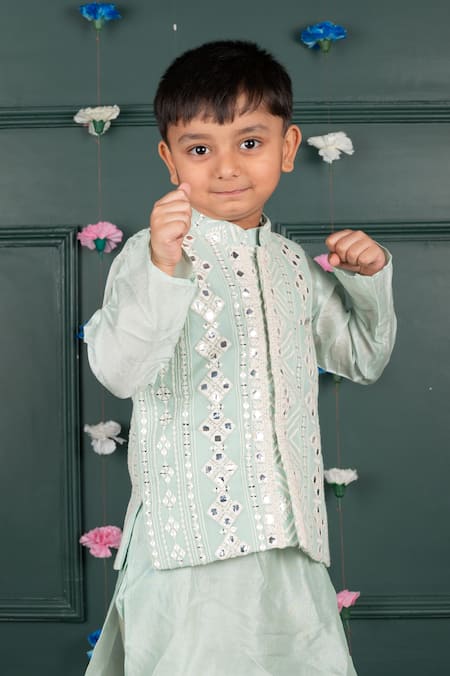 Shruti Jalan_Blue Cotton, Georgette Mirrors, Embroidery Work Bundi And Kurta Set _Online_at_Aza_Fashions