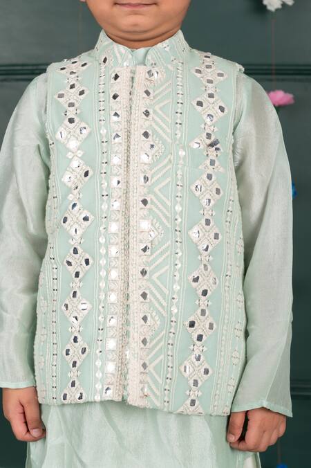 Buy_Shruti Jalan_Blue Cotton, Georgette Mirrors, Embroidery Work Bundi And Kurta Set _Online_at_Aza_Fashions