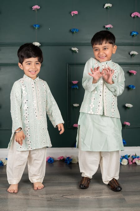 Shruti Jalan_Blue Cotton, Georgette, Satin Mirrors, Embroidery Kurta Set _Online_at_Aza_Fashions