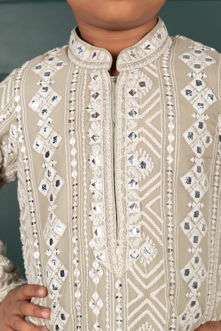 Shop_Shruti Jalan_Gray Cotton, Georgette Mirrors, Embroidery Thread Kurta Set _Online_at_Aza_Fashions