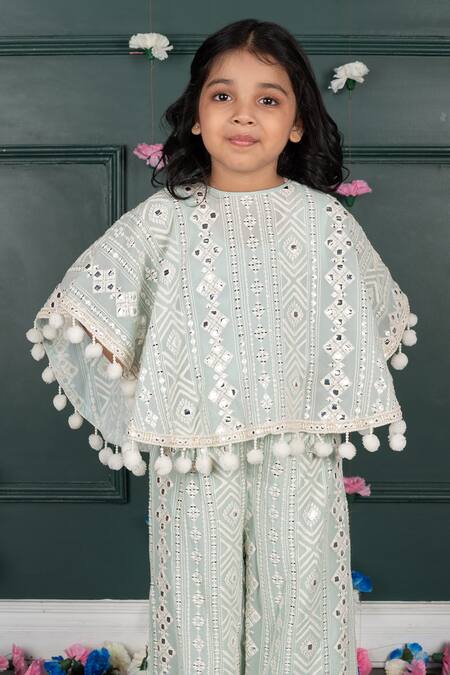 Shruti Jalan_Blue Georgette Mirrors, Embroidery Cape And Pant Set _Online_at_Aza_Fashions