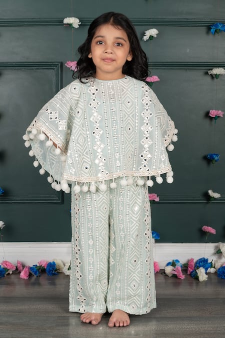 Buy_Shruti Jalan_Blue Georgette Mirrors, Embroidery Cape And Pant Set _Online_at_Aza_Fashions
