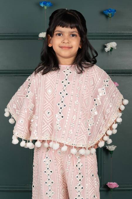 Shruti Jalan_Pink Georgette, Cotton Mirrors, Embroidery Work Cape And Pant Set _Online_at_Aza_Fashions