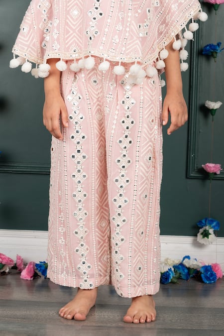Buy_Shruti Jalan_Pink Georgette, Cotton Mirrors, Embroidery Work Cape And Pant Set _Online_at_Aza_Fashions
