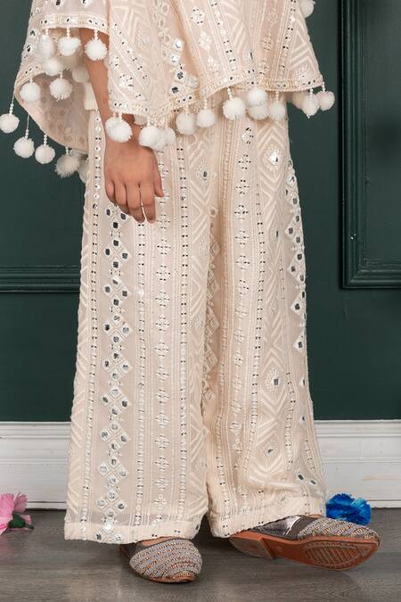 Shruti Jalan_Beige Georgette, Cotton Pom-poms Embroidered Poncho Cape And Pant Set _Online_at_Aza_Fashions