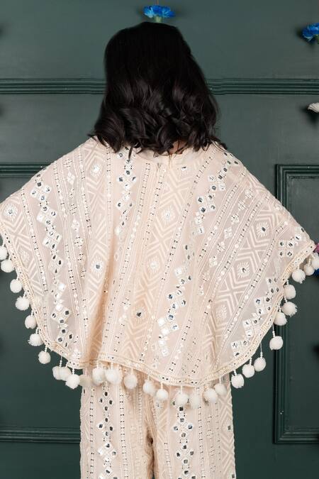 Shruti Jalan Beige Embroidered Poncho Cape & Pant Set 