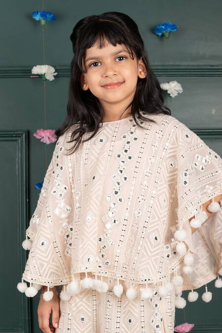 Buy_Shruti Jalan_Beige Georgette, Cotton Pom-poms Embroidered Poncho Cape And Pant Set _Online_at_Aza_Fashions