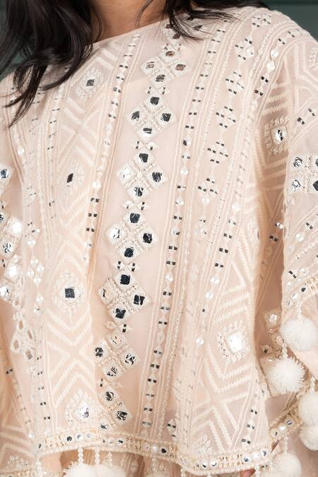 Shop_Shruti Jalan_Beige Georgette, Cotton Pom-poms Embroidered Poncho Cape And Pant Set _Online_at_Aza_Fashions