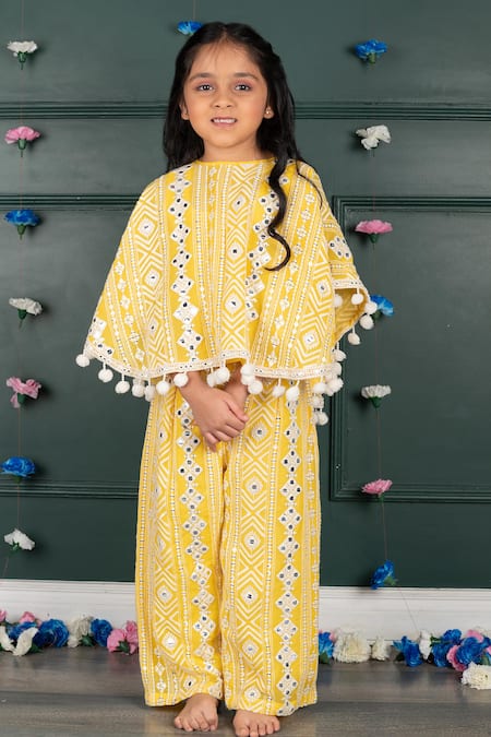 Shruti Jalan_Yellow Georgette Pom-poms Mirror Work Poncho Cape And Pant Set _Online_at_Aza_Fashions