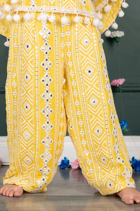 Shop_Shruti Jalan_Yellow Georgette Pom-poms Mirror Work Poncho Cape And Pant Set _Online_at_Aza_Fashions