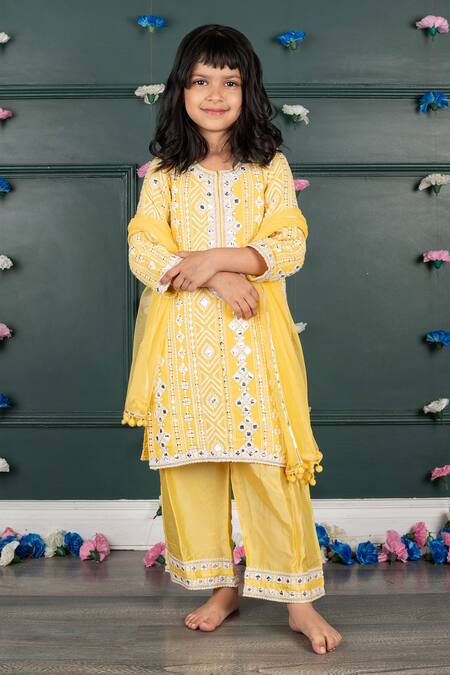 Shop Shruti Jalan Yellow Georgette, Cotton, Silk Mirrors, Embroidery Work Kurta Palazzo Set Online at Aza Fashions Shop_Shruti Jalan_Yellow Georgette, Cotton, Silk Mirrors, Embroidery Work Kurta Palazzo Set _Online_at_Aza_Fashions