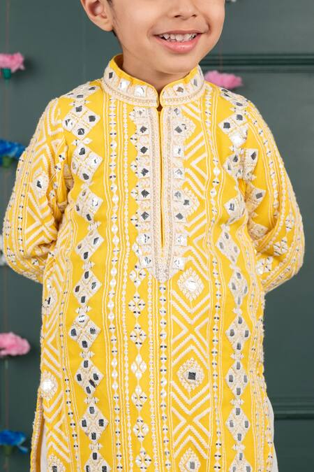 Shop_Shruti Jalan_Yellow Cotton, Georgette Mirrors, Embroidery Thread And Kurta Set _Online_at_Aza_Fashions