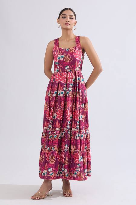 Buy_Naintara Bajaj_Wine Rayon Square Neck Floral Print Tiered Maxi Dress 