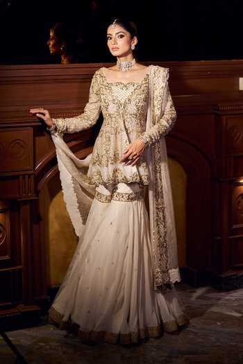 Kaynaat By Aanchal Sawhney_Ivory Organza Sequins, Diamonds Cowl Lotus Bloom Embroidered Kurta Gharara Set _at_Aza_Fashions