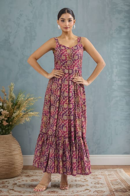 Naintara Bajaj Purple Floral Vine Print Maxi Dress 