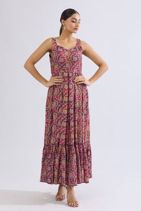 Shop_Naintara Bajaj_Purple Rayon Sweetheart Neck Floral Vine Print Maxi Dress _Online_at_Aza_Fashions