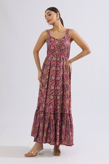 Naintara Bajaj_Purple Rayon Sweetheart Neck Floral Vine Print Maxi Dress _at_Aza_Fashions