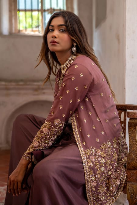 Buy Enamour By Radha Brown Viscose, Organza, Silk Embroidery, Sequins, Cut Jacket With Sharara Set Online at Aza Fashions Buy_Enamour By Radha_Brown Viscose, Organza, Silk Embroidery, Sequins, Cut Jacket With Sharara Set _Online_at_Aza_Fashions