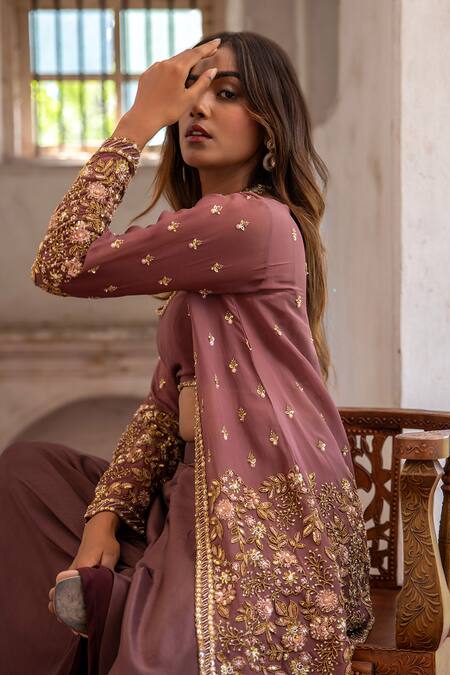 Shop Enamour By Radha Brown Viscose, Organza, Silk Embroidery, Sequins, Cut Jacket With Sharara Set Online at Aza Fashions Shop_Enamour By Radha_Brown Viscose, Organza, Silk Embroidery, Sequins, Cut Jacket With Sharara Set _Online_at_Aza_Fashions