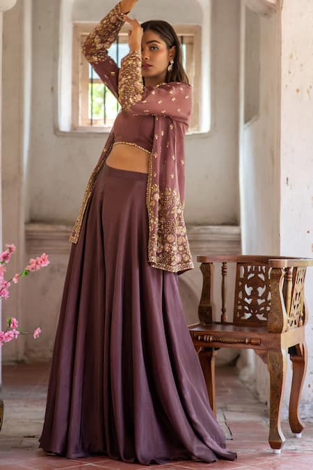 Shop Enamour By Radha Brown Viscose, Organza, Silk Embroidery, Sequins, Cut Jacket With Sharara Set at Aza Fashions Shop_Enamour By Radha_Brown Viscose, Organza, Silk Embroidery, Sequins, Cut Jacket With Sharara Set _at_Aza_Fashions