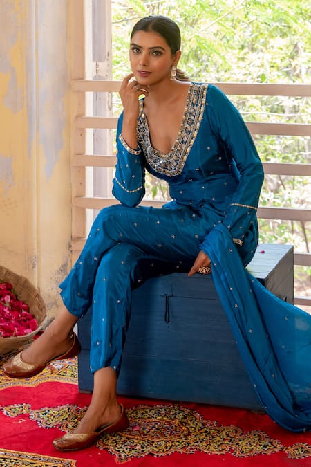 Shop_Enamour By Radha_Blue Chiffon, Silk, Cotton Sequins, Zari, Geometric Embroidered Kurta Set _Online_at_Aza_Fashions
