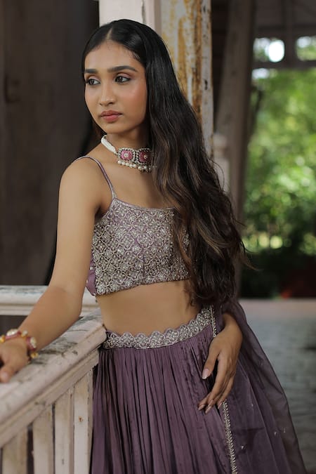 Buy_Enamour By Radha_Purple Organza, Silk Beads, Zari Square Neck Embroidered Pleated Lehenga Set _Online_at_Aza_Fashions
