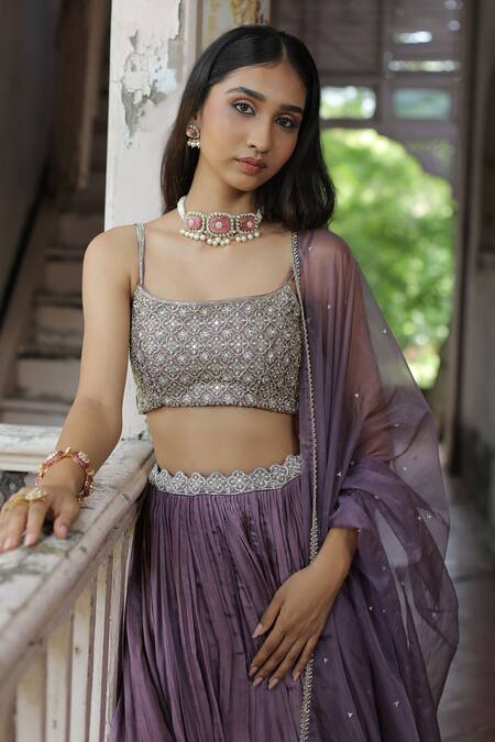 Shop_Enamour By Radha_Purple Organza, Silk Beads, Zari Square Neck Embroidered Pleated Lehenga Set _Online_at_Aza_Fashions
