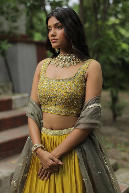 Shop_Enamour By Radha_Yellow Organza, Silk Pearls, Sequins, Layered Lehenga Embroidered Blouse Set _Online_at_Aza_Fashions