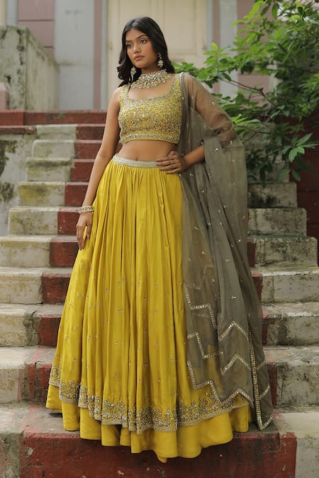 Enamour By Radha_Yellow Organza, Silk Pearls, Sequins, Layered Lehenga Embroidered Blouse Set _at_Aza_Fashions