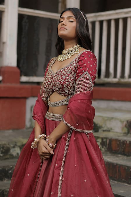 Enamour By Radha_Maroon Silk, Organza, Linen Sequins, Zari, Beads Floral Embroidered Lehenga Set _Online_at_Aza_Fashions