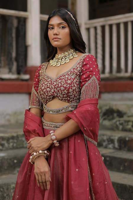 Shop_Enamour By Radha_Maroon Silk, Organza, Linen Sequins, Zari, Beads Floral Embroidered Lehenga Set _Online_at_Aza_Fashions