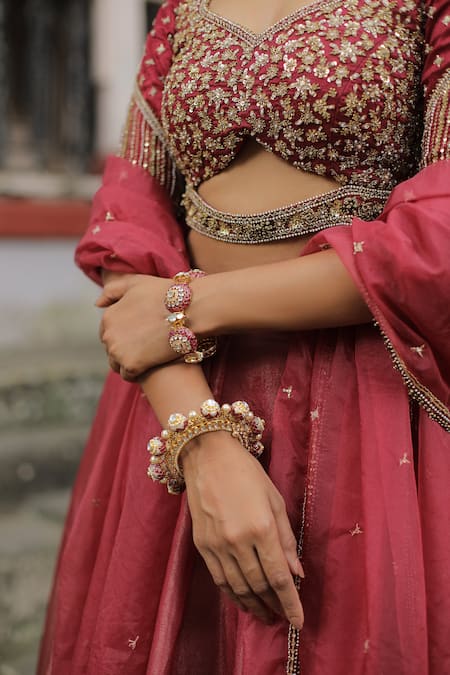 Enamour By Radha_Maroon Silk, Organza, Linen Sequins, Zari, Beads Floral Embroidered Lehenga Set _at_Aza_Fashions