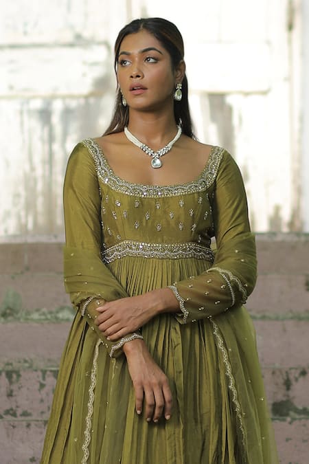 Enamour By Radha_Green Net, Silk Pearls, Sequins, Beads Round Zardozi Embroidered Anarkali Set _Online_at_Aza_Fashions