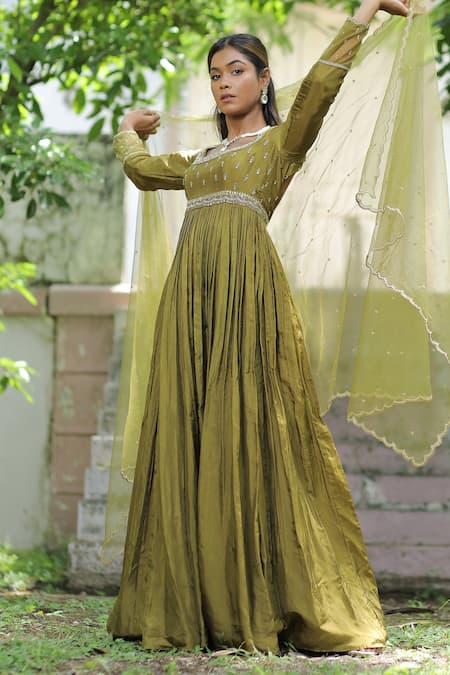 Shop_Enamour By Radha_Green Net, Silk Pearls, Sequins, Beads Round Zardozi Embroidered Anarkali Set _Online_at_Aza_Fashions