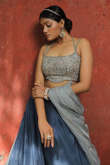 Buy_Enamour By Radha_Blue Organza, Silk Pearls, Sequins Halter Neck Zardozi Embroidered Lehenga Set _Online_at_Aza_Fashions