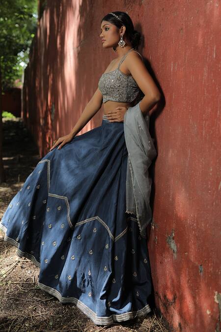 Shop_Enamour By Radha_Blue Organza, Silk Pearls, Sequins Halter Neck Zardozi Embroidered Lehenga Set _Online_at_Aza_Fashions