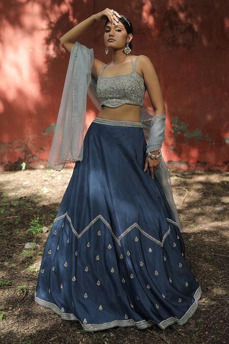 Buy_Enamour By Radha_Blue Organza, Silk Pearls, Sequins Halter Neck Zardozi Embroidered Lehenga Set 