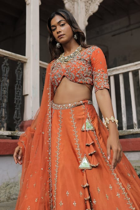 Buy_Enamour By Radha_Orange Net, Silk, Linen Pearls, Zari, Sequins, Zardozi Embroidered Lehenga Set _Online_at_Aza_Fashions